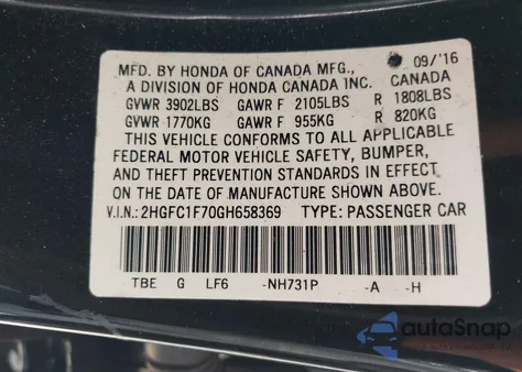 2016 Honda Civic Ex-L из США, поврежденный, VIN 2HGFC1F70GH658369